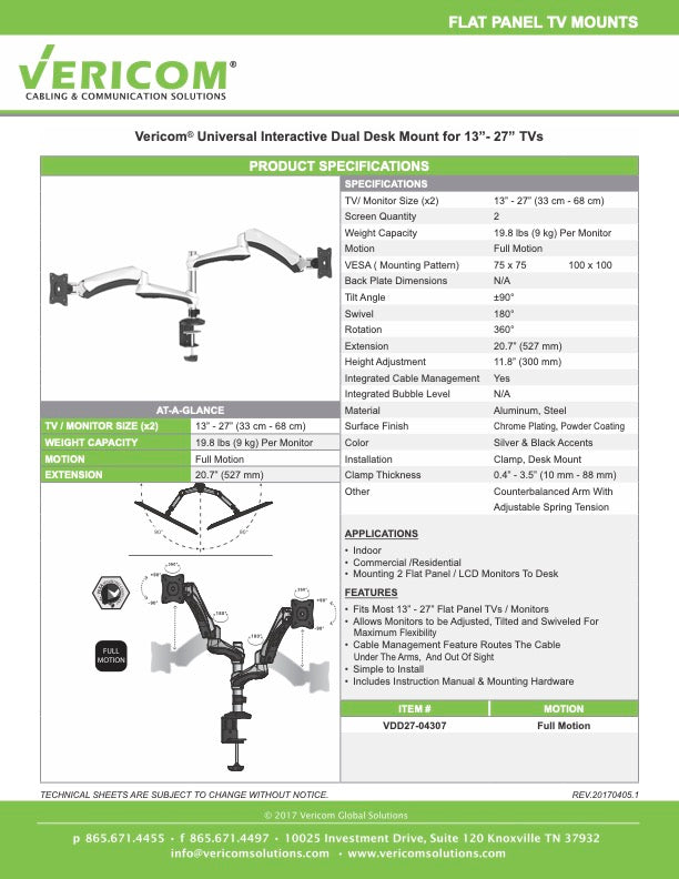 Full Motion Dual Monitor Desk Mount - 13" to 27"