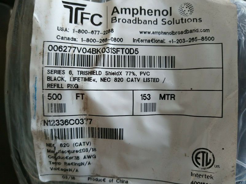 Amphenol TFC-T10 Sheild X Series 6 CATV 18 AWG RG6 Coaxial Cable Black / White - 500ft